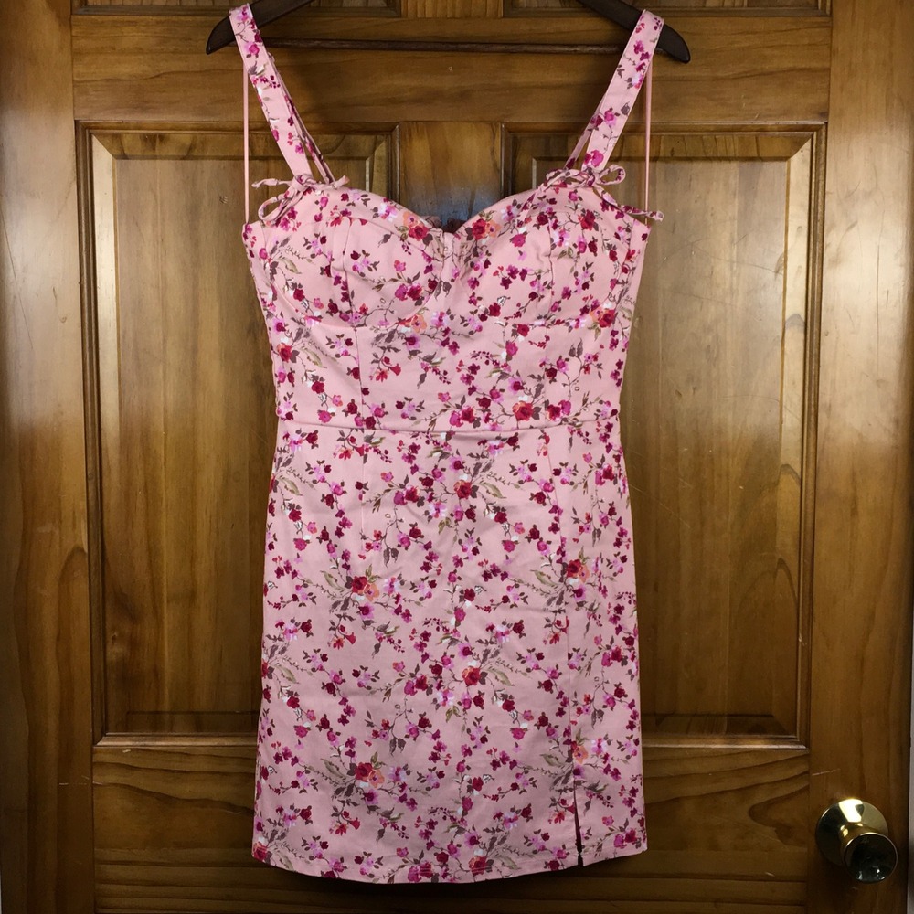 Pink Floral Med Bustier Mini Dress Sweetheart Neck Coquette Feminine